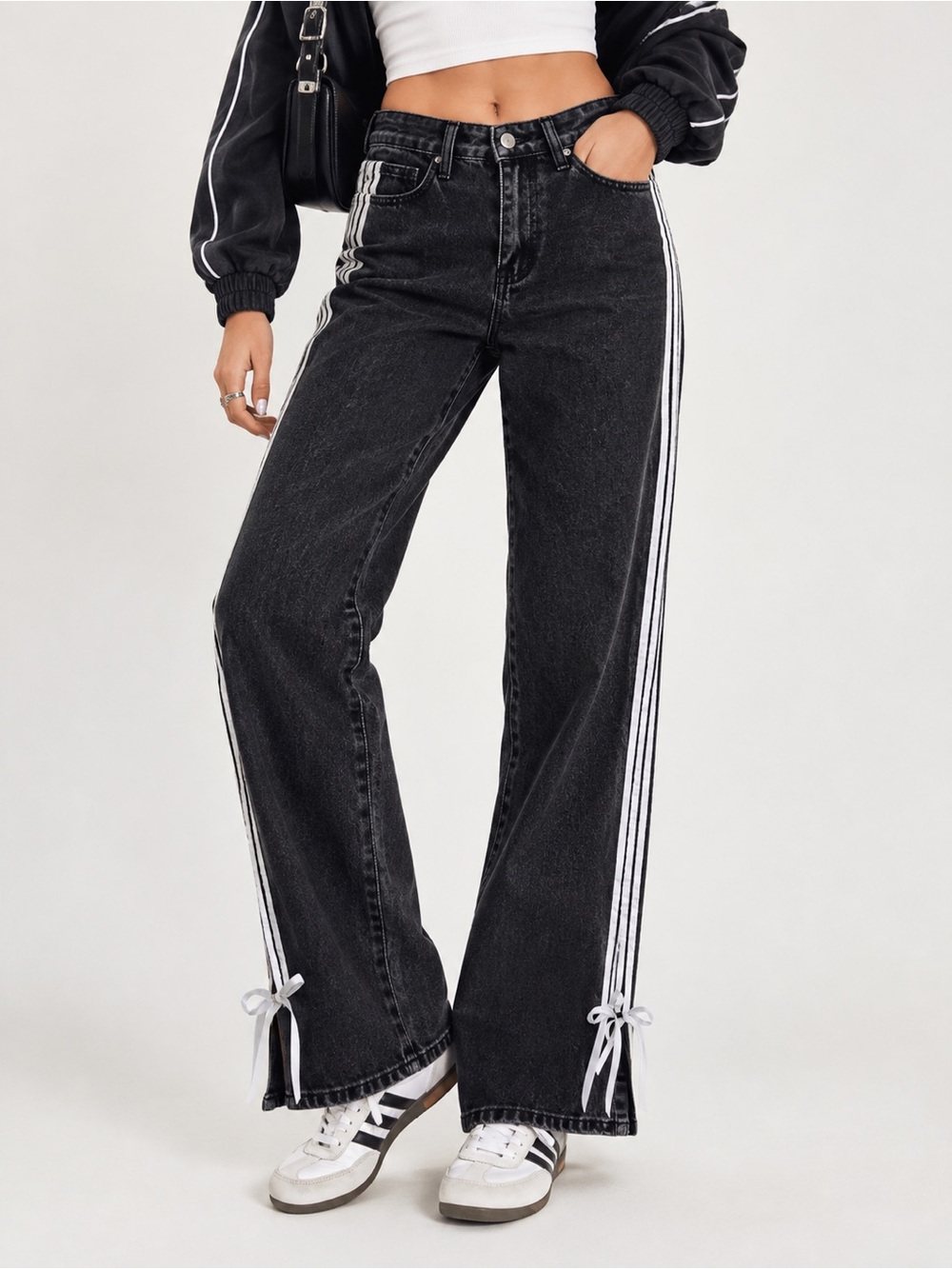 Black Wash Side Stripe Wide Leg Jeans Y2K Tie Details Denim Size 27